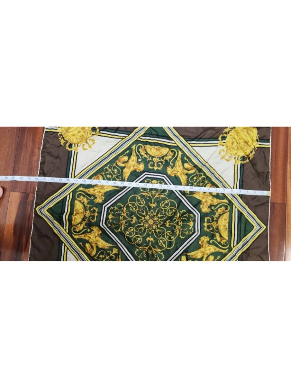 Gita Vintage Silk Scarf Baroque Griffin Medallion Green Gold Brown 30” Square